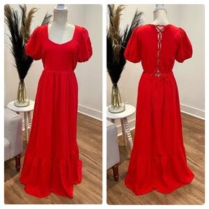 Elegant Red Puff Sleeve Dress